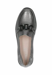 Metallikhall hallidest slip-on king, mille esiosas on dekoratiivne musta ketti aksent. Sile pind, ümar ninaga ja lame tald.