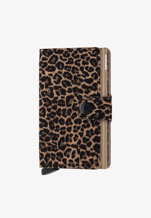 Leopard-print wallet with a soft texture, featuring a button closure and a slim design. Includes a gold-tone cardholder integrated inside.