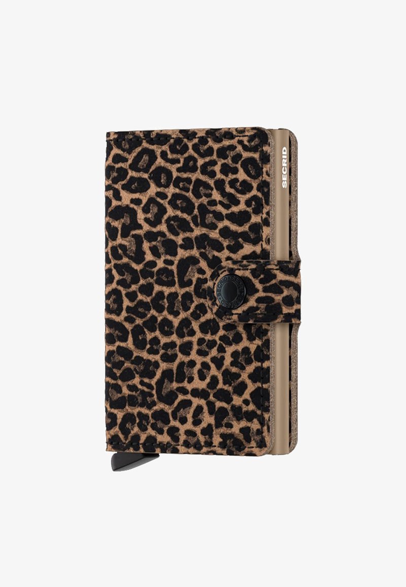 Leopard-print wallet with a soft texture, featuring a button closure and a slim design. Includes a gold-tone cardholder integrated inside.