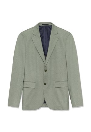 Egysoros, világoszöld zakó két gombbal, bevágott reverekkel, elején zsebfedőkkel és sötét béléssel fehér háttéren.