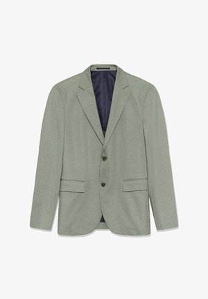 Egysoros, világoszöld zakó két gombbal, bevágott reverekkel, elején zsebfedőkkel és sötét béléssel fehér háttéren.