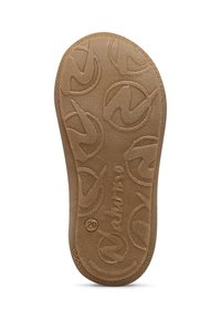 Gumová podrážka v hnědé barvě, s vzorovaným povrchem kruhových designů a vyraženými logy, hladký povrch podél okrajů.