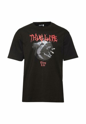 Schwarzes Baumwoll-T-Shirt mit kurzen Ärmeln. Mit einem Grafikmotiv von einem Bärenkopf und dem Text "Thug Life" in Rot. Rundhalsausschnitt, lässige Passform.