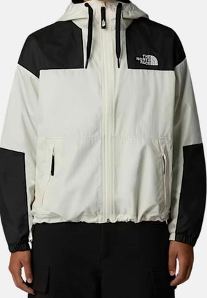 Jasnoszara i czarna kurtka na zamek z kapturem, elastyczne mankiety, przednie kieszenie na zamek błyskawiczny oraz logo The North Face na piersi.