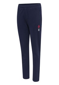 Mörkblåa sweatpants i mjukt tyg har resår i midjan, sidfickor och en röd stjärndesign med vita chevrons på vänster lår.