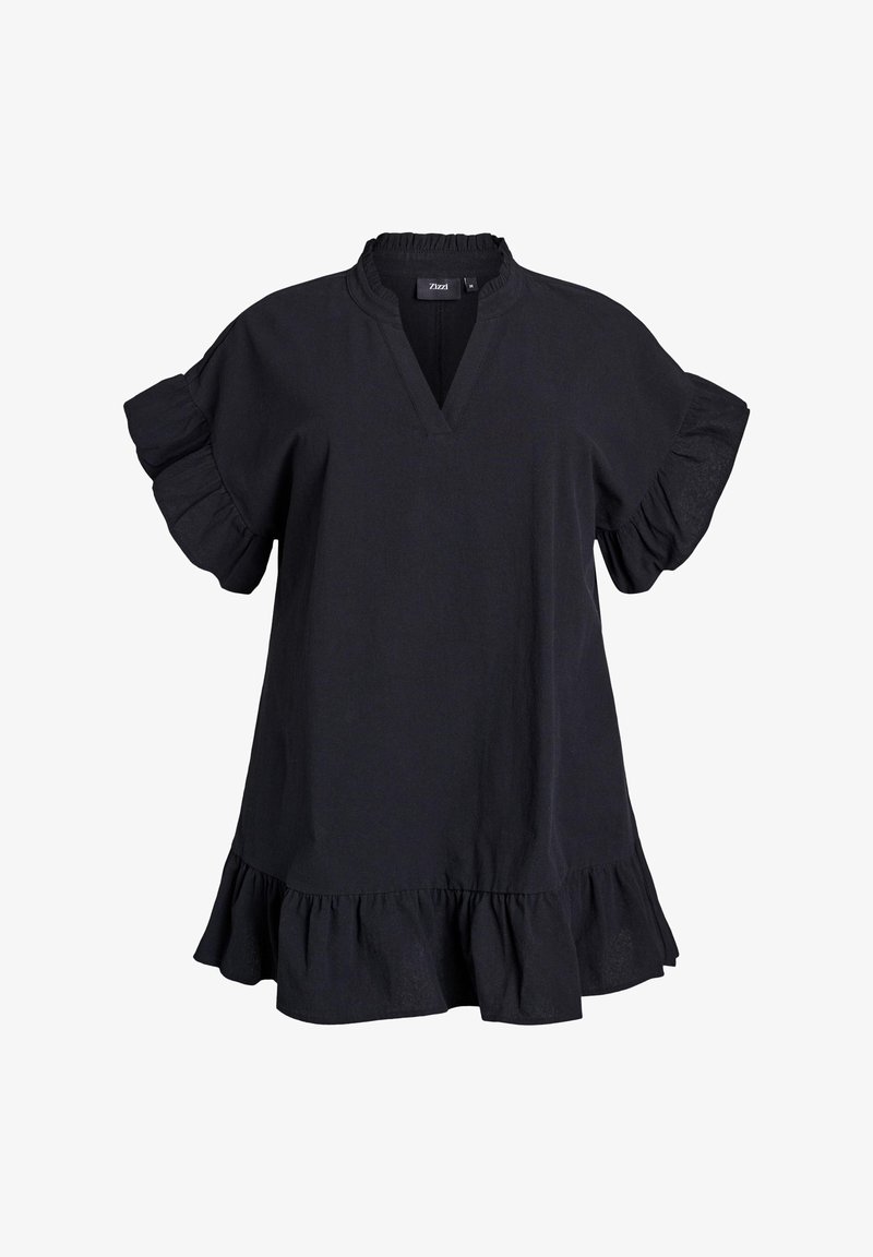 Tunika nera con scollo a V e maniche svasate. Realizzata in tessuto testurizzato con orlo svasato e bordo arricciato.