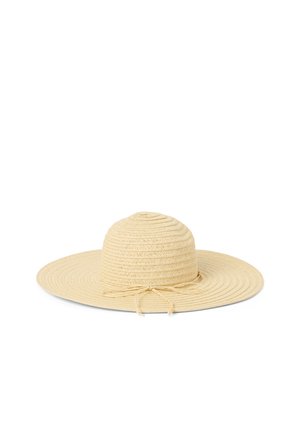 Chapeau en paille tressée à large bord avec une couronne ronde et un petit nœud attaché autour de la base de la couronne, couleur beige.