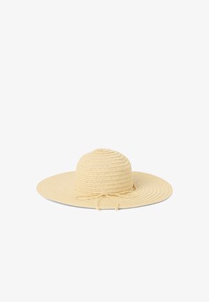 Chapeau en paille tressée à large bord avec une couronne ronde et un petit nœud attaché autour de la base de la couronne, couleur beige.