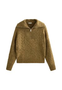 Sweter dziany w oliwkowym kolorze z ćwierć zamkiem, prążkowanym dołem i teksturowanym wzorem na korpusie oraz rękawach. Miękki, gruby materiał.