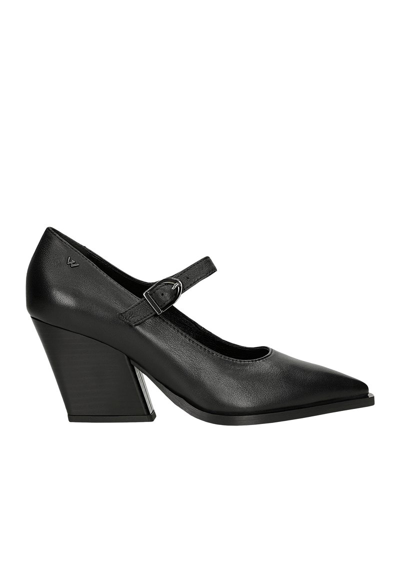 Tacchi Mary Jane in pelle nera con punta affusolata e cinturino con fibbia. Presentano un tacco largo e angolare con un finish opaco.