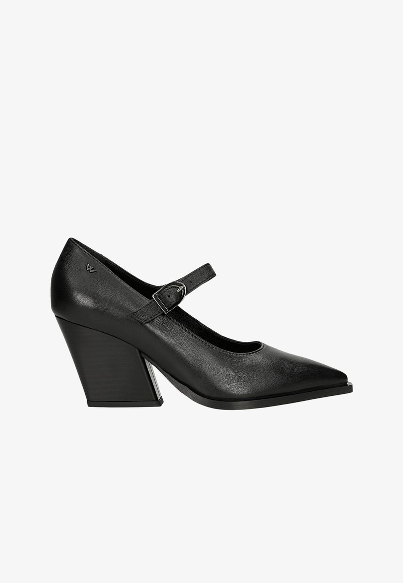 Talons Mary Jane en cuir noir avec un bout pointu et une sangle à boucle. Présente un large talon carré angulaire avec une finition mate.