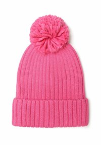 Beanie rose en tricot avec un design côtelé, surmonté d'un gros pompon duveteux. La texture semble douce et chaude.