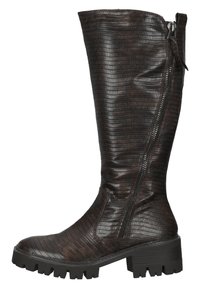 Botas de couro castanhas, até ao joelho, com um padrão de crocodilo texturizado, uma sola preta robusta e um fecho de correr lateral para facilitar o calçar.