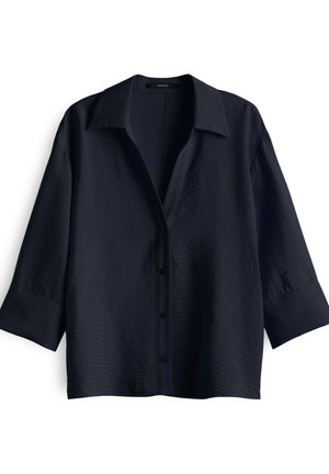 Camicia blu navy con bottoni, dalla superficie testurizzata, maniche corte e colletto classico. Presenta sei bottoni abbinati lungo la parte anteriore.