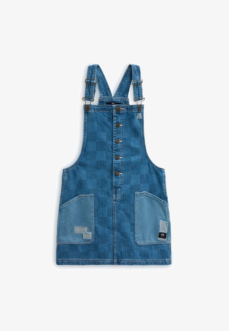 Denim pinafore-mekko, jossa on säädettävät hihnat, etupainikkeet, kaksi suurta läpätaskua kuluneilla yksityiskohdilla ja hienovarainen ruutukuosi.