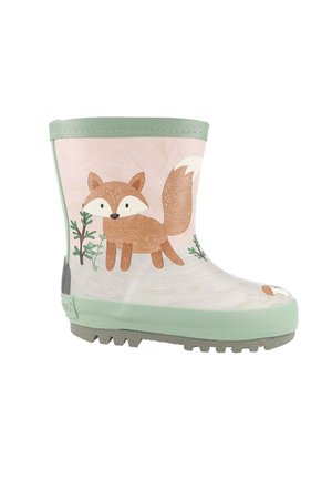 Child’s rubber rain boot with mint green sole and trim, decorated with a cartoon fox and small green plants.