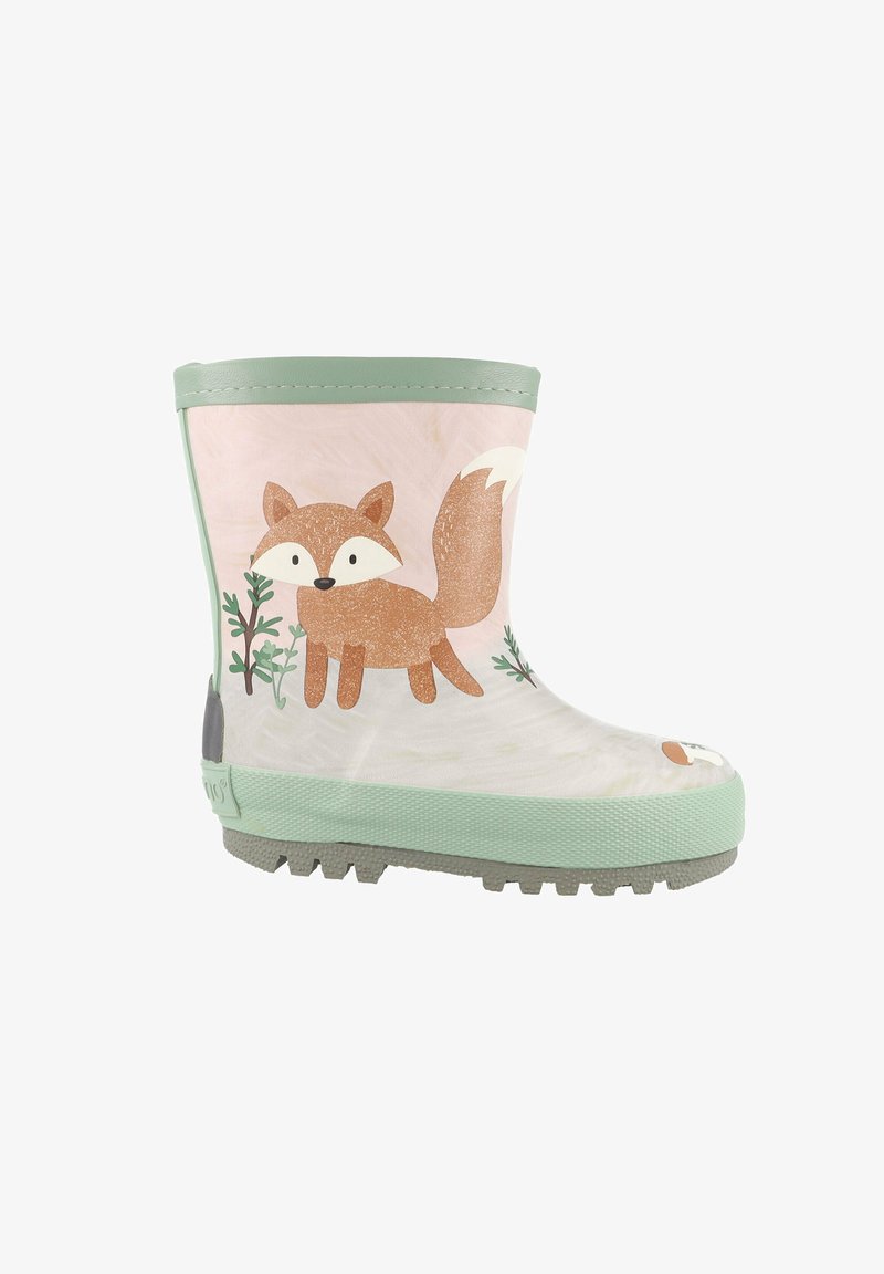 Child’s rubber rain boot with mint green sole and trim, decorated with a cartoon fox and small green plants.