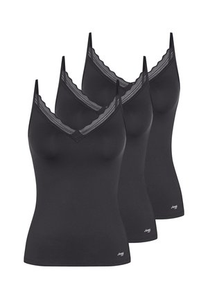 Tre canottiere nere da donna con scollatura a V rifinita in pizzo e spalline sottili, disposte una accanto all'altra su uno sfondo bianco.