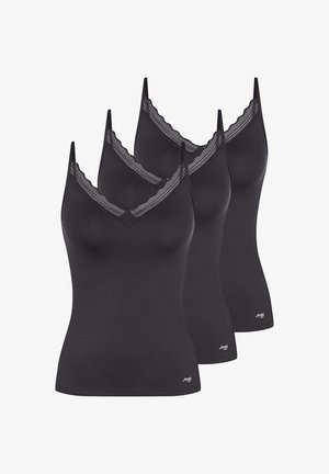 Tre sorte kvinders camisole med blonder-trimmede V-udskæringer og tynde stropper, arrangeret side om side på en hvid baggrund.
