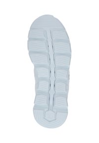 Fehér sportcipő talpa, amely texturált gumiból készült, hatszögletű és téglalap alakú mintákkal a tapadás és rugalmasság érdekében.