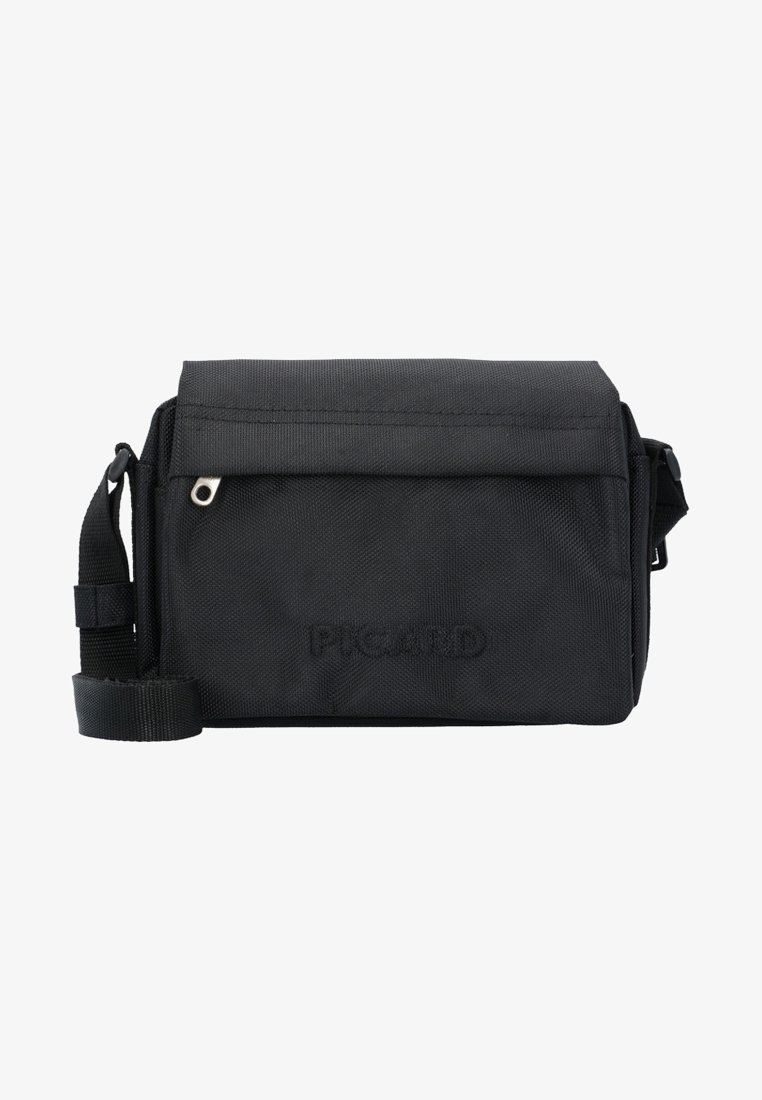 Borsa a tracolla nera realizzata in tessuto resistente, dotata di una tasca anteriore con zip e di una tracolla regolabile. Superficie texture con logo in rilievo.