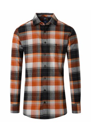 Rutete skjorte i en kombination af orange, sort, grå og hvid. Lange ærmer med krave som kan knappes ned og lommedetalje.