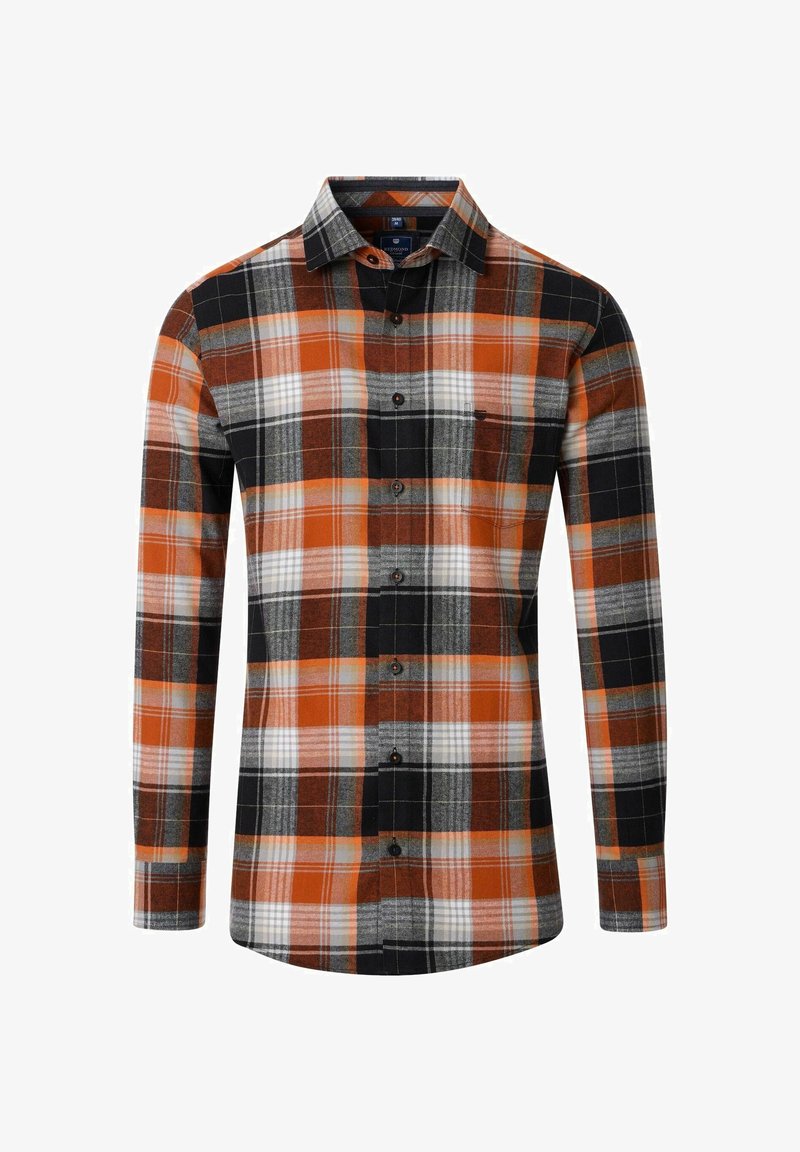 Rutete skjorte i en kombination af orange, sort, grå og hvid. Lange ærmer med krave som kan knappes ned og lommedetalje.