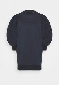 Robe sweat bleu marine avec des manches bouffantes matelassées, un col rond et des bords côtes aux poignets et à l'ourlet. Tissu doux avec une finition texturée.