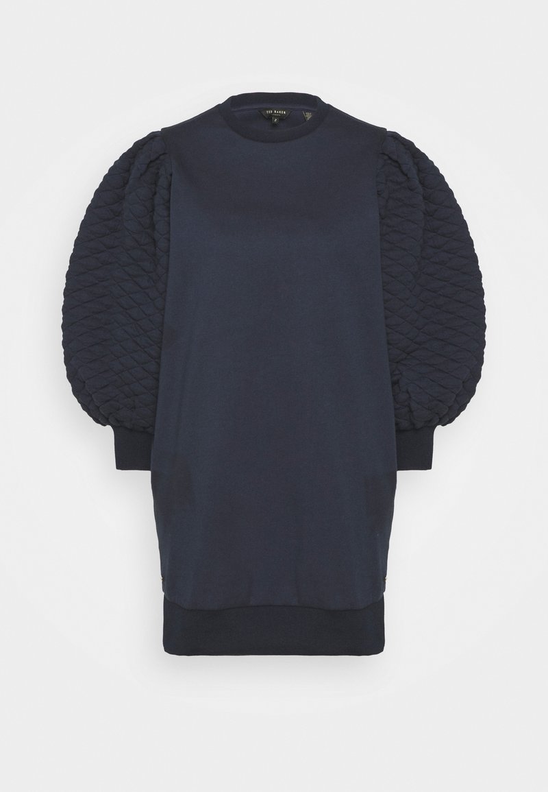 Robe sweat bleu marine avec des manches bouffantes matelassées, un col rond et des bords côtes aux poignets et à l'ourlet. Tissu doux avec une finition texturée.