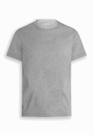 Maglietta semplice a maniche corte con scollo rotondo, in tessuto grigio chiaro mélange, mostrata distesa con il davanti rivolto verso l'osservatore.