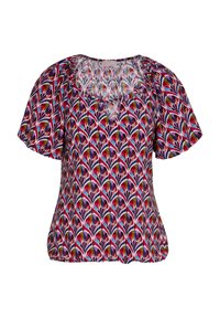 Blouse à manches courtes avec un motif géométrique coloré en rouge, rose, bleu et jaune, avec un col rond et une coupe ample.