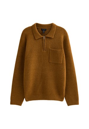 Maglione marrone a maglia con colletto a zip, polsini a coste e una piccola tasca sul petto. Tessuto testurizzato e vestibilità rilassata.
