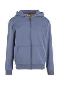 Blue zip-up hoodie made of soft fabric, featuring a front zipper, two front pockets, and ribbed cuffs and hem. Smooth texture.
