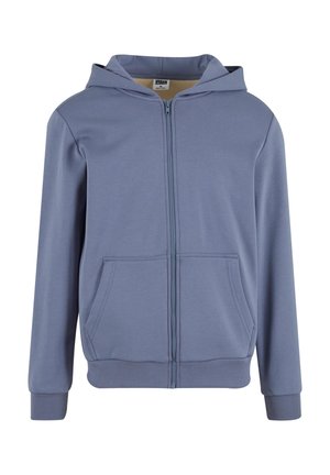 Blaue Zip-Hoodie aus weichem Stoff, mit einem Frontreißverschluss, zwei Fronttaschen und gerippten Bündchen und Saum. Glatte Textur.