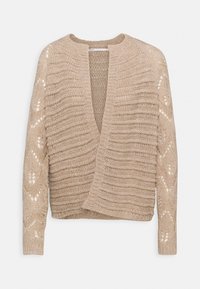 Beige stickad cardigan med öppen front, med texturerade ränder och diamantmönster på ärmarna. Mjukt material med en mysig känsla.