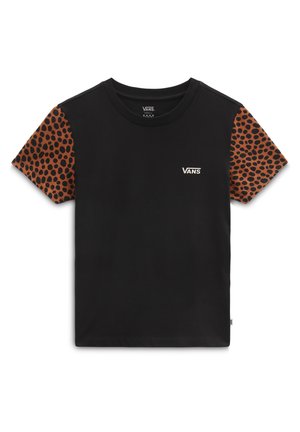 Camiseta negra de Vans con mangas cortas marrones que presenta un patrón negro moteado y un pequeño logo blanco de Vans en el pecho.