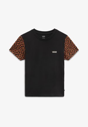 Sort Vans t-shirt med korte brune ærmer med sort plettet mønster og lille hvid Vans-logo på brystet.