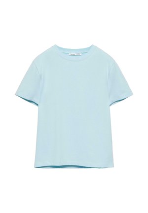 T-shirt bleu clair à manches courtes et col rond, avec un ourlet droit, en tissu uni, présenté sur un fond blanc.