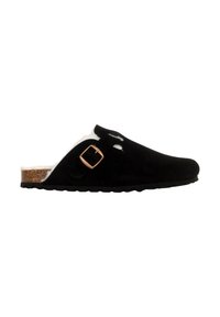 Sort ruskind slip-on klip med en korksål, der har en sidebuckle-detalje og en hvid, fluffy foring synlig ved åbningen.