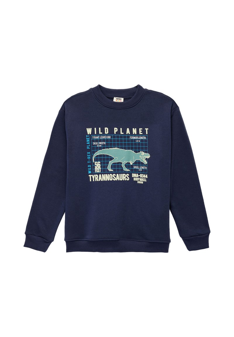 Granatowy sweatshirt z mieszanki bawełny, z grafiką T-Rexa i szczegółami tekstowymi na jego temat. Długie rękawy i ściągacze na mankietach.