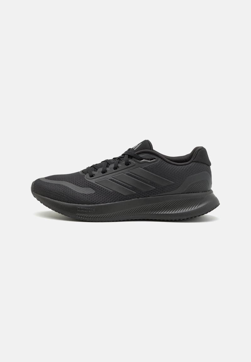 Black athletic shoes with a mesh upper, smooth textile accents, round toe, flat laces, and textured rubber outsole for grip.