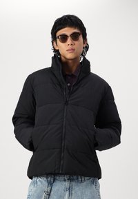 Black puffer jacket with a high collar, zip closure, and quilted design. Worn with a collared shirt and denim jeans. Texture appears smooth.