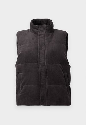 Tumši pelēks korduroja bieza bezmuguras veste ar augstu apkakli un priekšējām kabatām, parādīta uz baltas fona.