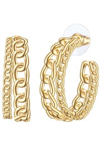 Auksinės spalvos auskarai-žiedai, kuriuose pavaizduota tarpusavyje sujungta grandinė, su lygiu paviršiumi ir skaidriu užsegimu. Dviejuose stiliuose: solidus ir atviras.