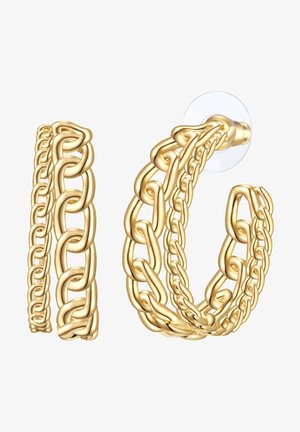 Guldtonede hoop øreringe med et sammenflettet kæde-design, der har en glat tekstur og klar lukning. To stilarter: solid og åben.