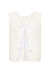 Biały, bezrękawnik z dekoltem w serek, z zapięciem na wiązanie z przodu, ozdobiony dwoma białymi wstążkami. Miękka struktura i luźny krój.