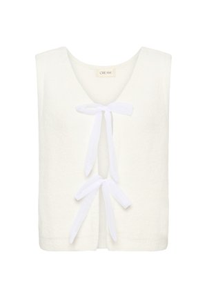 Top alb fără mâneci, cu decolteu în V, prevăzut cu închidere cu șnur în față formată din două panglici albe. Textură moale și croială lejeră.