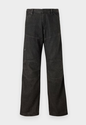 Sorte denimbukser med en avslappet passform, med lappeteppe-detaljer og subtile falminger, avsluttet med en klassisk knapp- og glidelås-lukking.