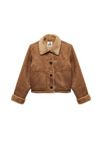 Brun suede cropped jakke med en faux fur krave og manchetter, med to frontlomme og knaplukning. Blød tekstur og glat finish.