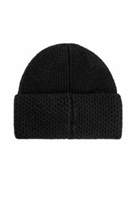 Czarna dzianinowa czapka z textured wzorem i złożonym brzegiem. Wykonana z miękkiego, elastycznego materiału, zaprojektowana z myślą o cieple i komforcie.